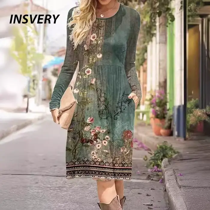 Robe mi-longue à manches longues pour femmes