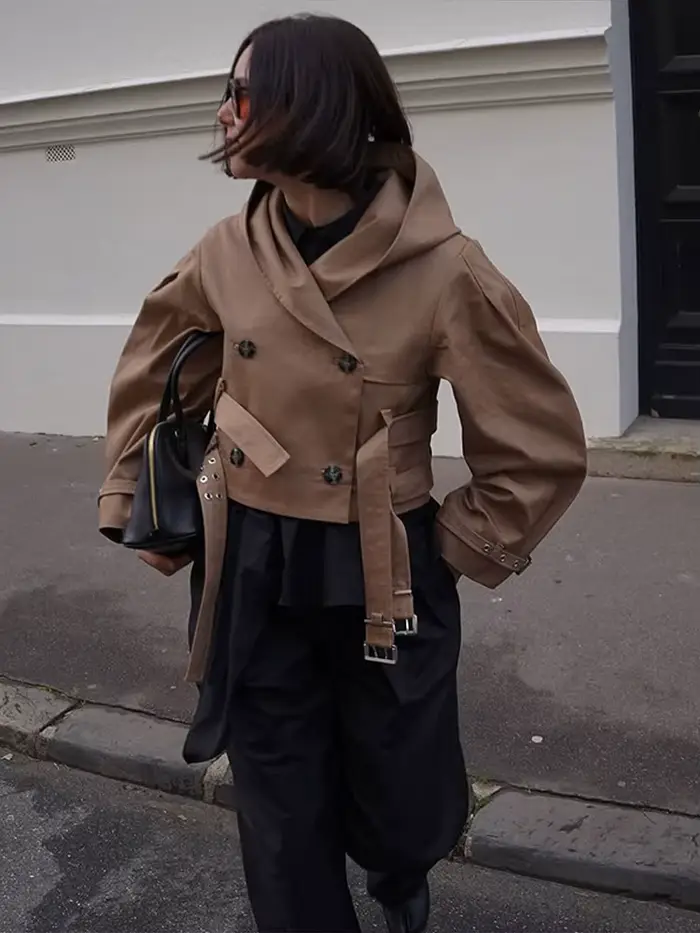 Veste courte à capuche avec Double ceinture pour femme