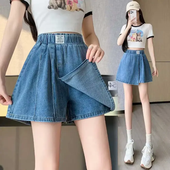 Jupe-short en jean à taille élastique effet deux pièces pour femme coupe ample taille haute été 2026 occassions spéciales femmes