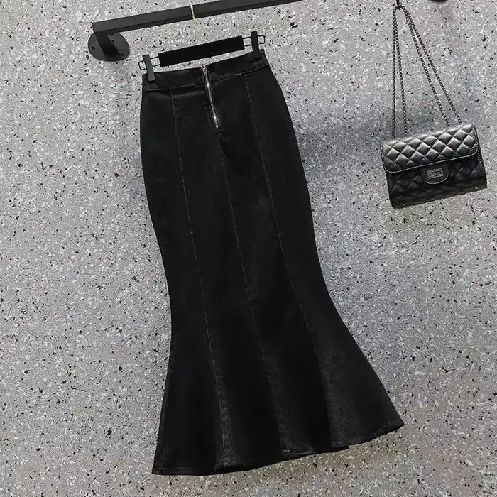 Jupe en jean à volants et fermeture éclair pour femme, Coquette Midi, noir, Sexy, bleu, luxe, élégan