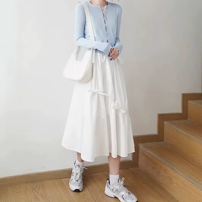 Jupe midi blanche à nœud papillon taille haute pour filles