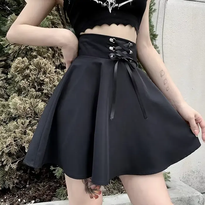 Femmes basique polyvalent évasé décontracté Mini jupe patineuse taille haute école Goth Punk