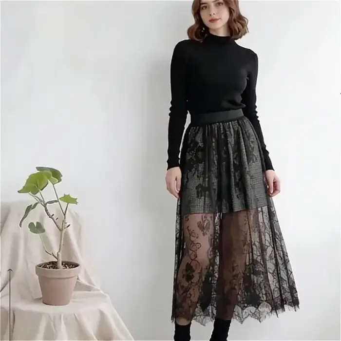 Jupe longue en tulle transparente et élégante en dentelle sexy