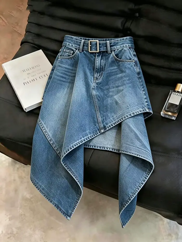 Nouvelle jupe irrégulière en jean bleu délavé pour femme 2026