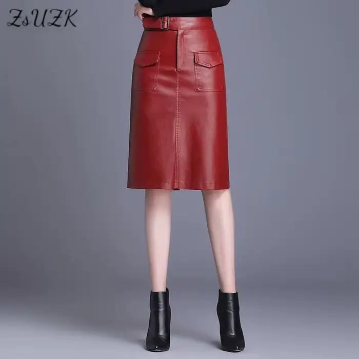 ZUZK femmes genou longueur PU jupe en cuir printemps automne couleur unie décontracté jupes droites