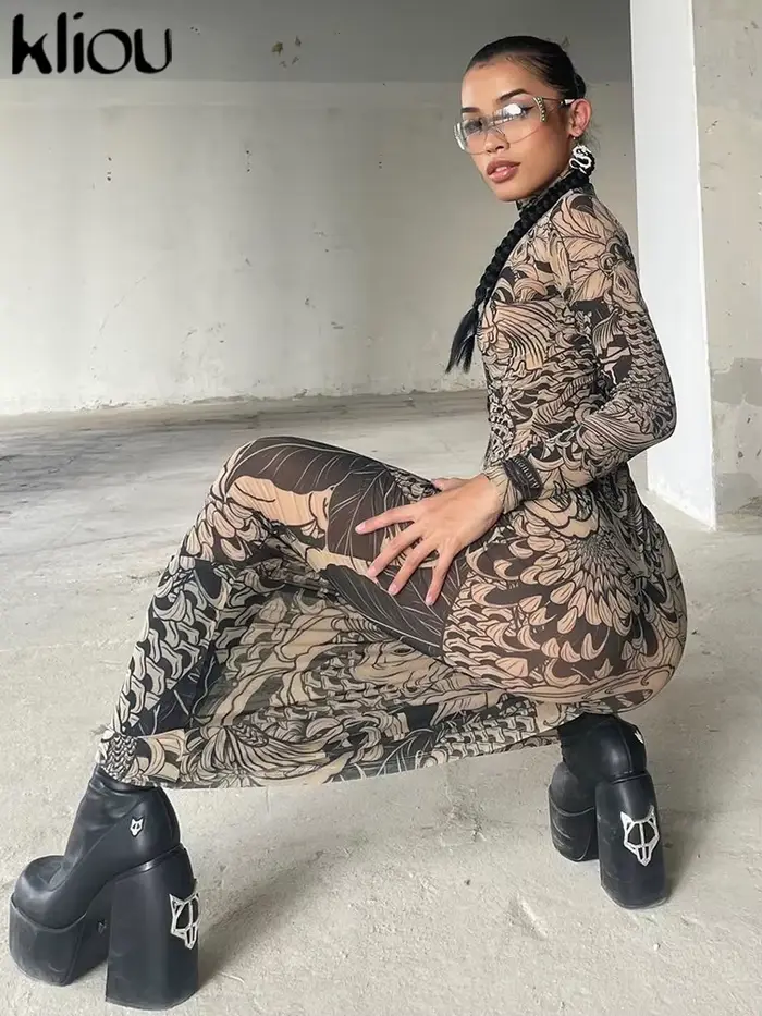 Kliou – Robe Maxi en maille imprimée Vintage pour femmes