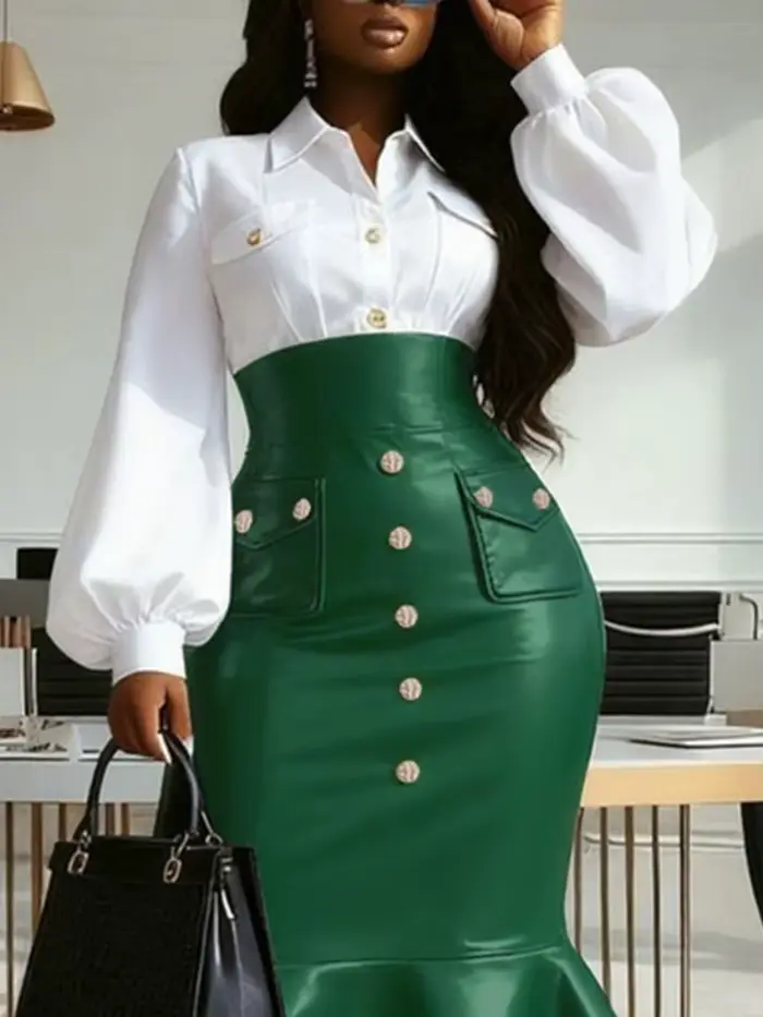 UOOZEE femmes Faux cuir taille haute jupe Midi boutons dorés évasé sirène ourlet formel bureau Cocktail jupes moulantes 2026