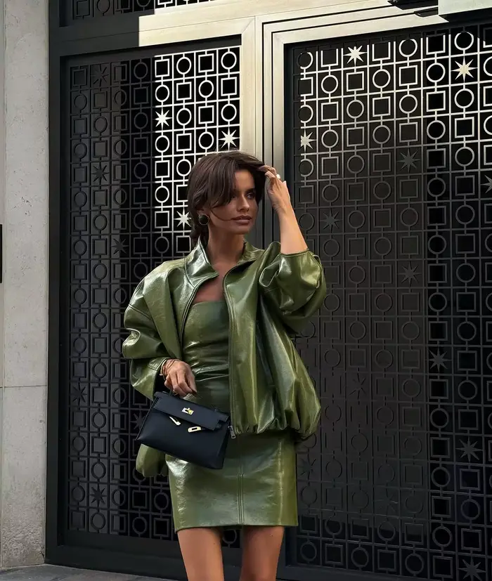 Ensemble jupe en cuir vert Vintage pour femmes