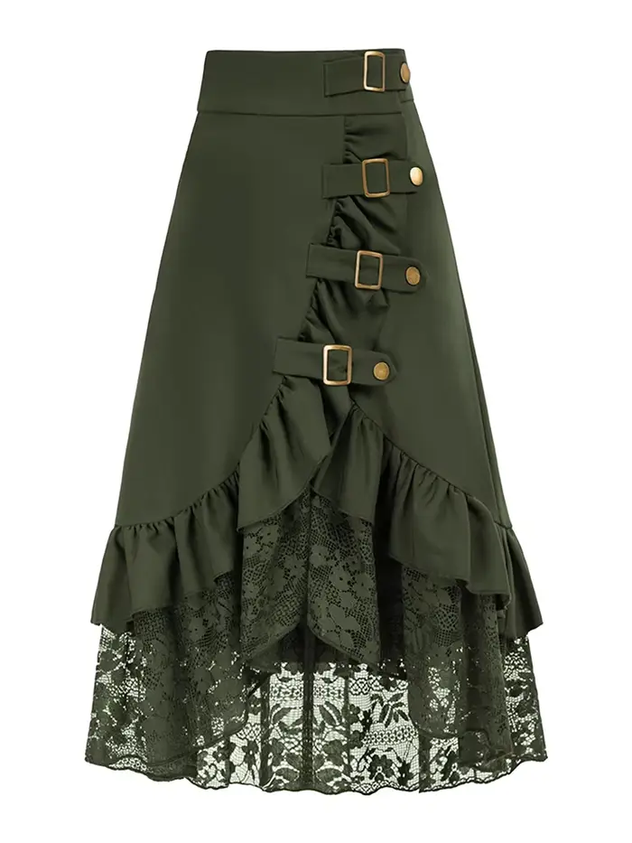 Jupe de style gothique tendance avec empiècements en dentelle et volants, couleur unie, style pirate