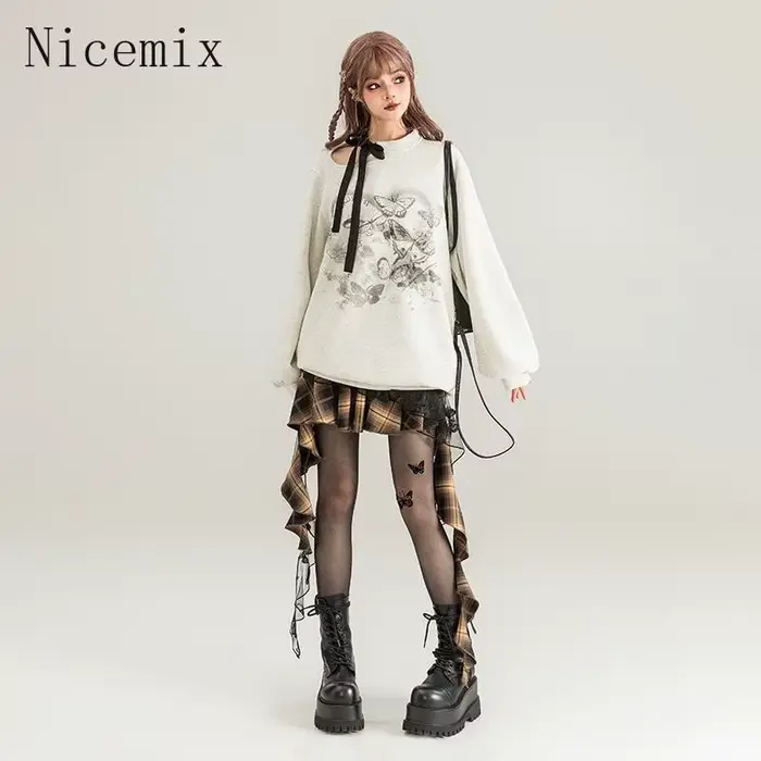 Jupe à carreaux brodée papillon pour femme