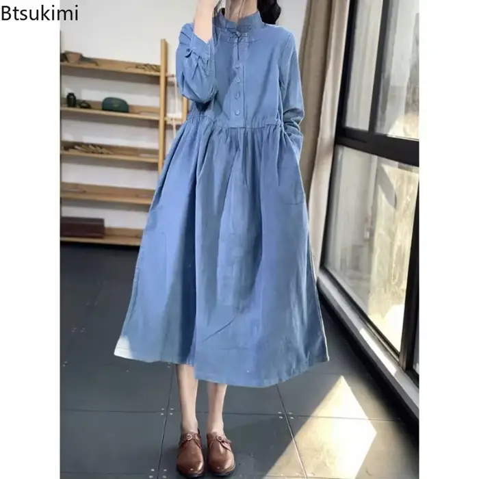 Robe mi-longue en velours côtelé pour femmes