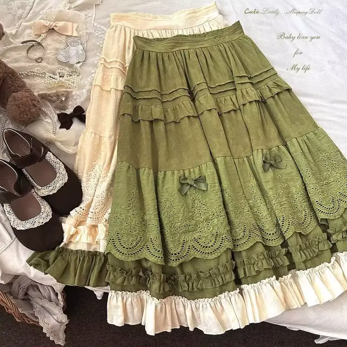 Jupe mi-longue en dentelle brodée Lolita Vintage kawaii écolière prairie rose Y2k occassions spéciales ```