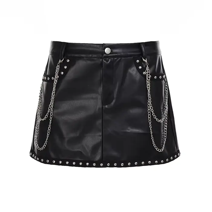 Mini-jupe noire en similicuir PU taille basse avec rivets et chaînes, style streetwear punk polyvale