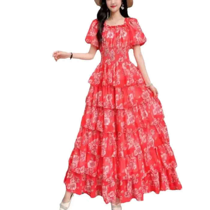 Robe longue à volants imprimé floral pour femme manches bouffantes col carré coupe trapèze été vacances occasions spéciales