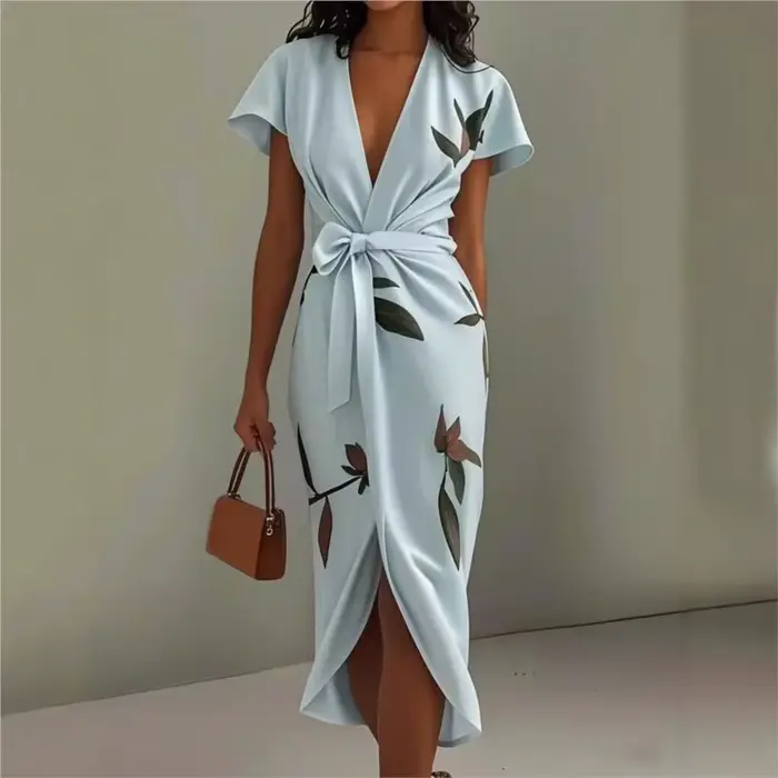 Robe portefeuille mi-longue élégante imprimé floral pour femmes décontractée printemps été ourlet fendu col en V manches courtes