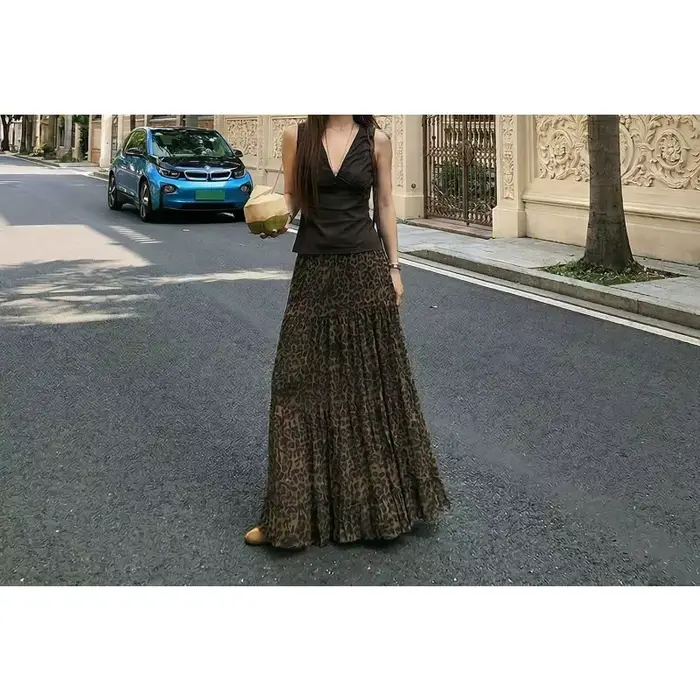 Vintage Leopard Print Skirt High Waist A-shaped Skirt