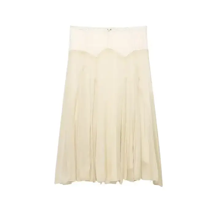 Jupe plissée en dentelle patchwork pour femme, taille mi-haute, double couche en maille, jupes bouff