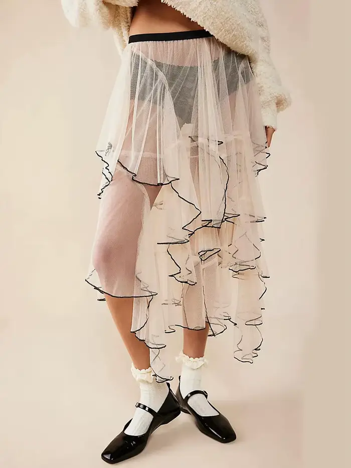 Jupe en tulle transparent asymétrique à volants pour femmes, style décontracté, pour vacances, plage, club, streetwear et soirées d'été