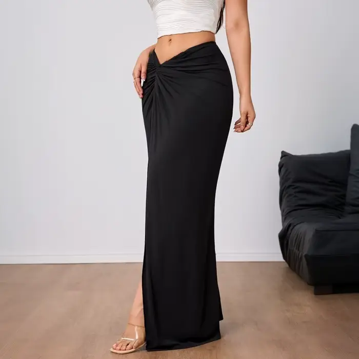 Jupe longue maxi élégante noire pour femme, taille haute fendue, coupe trapèze, style sirène, printe