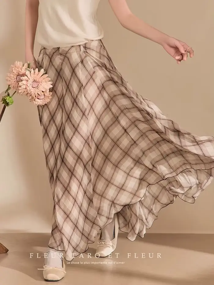 Vintage Plaid jupe longue femmes Boho élégant taille haute une ligne jupes décontracté ample rétro i