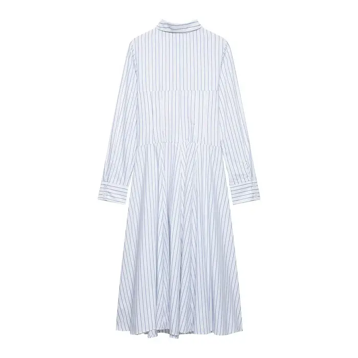 Robe midi style chemise rayée SAW Independent Station Nouvelle Arrivée Élégante Streetwear Polyester Manches Longues Col Polo Coupe A-Lin...