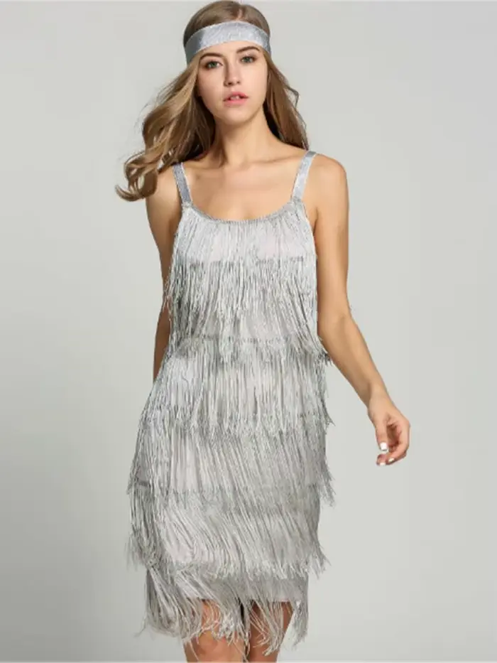 Robe Gatsby personnalisée vintage sans manches col slash franges polyester pour femmes occasions spéciales soirée de gala cérémonie de remise des diplômes
