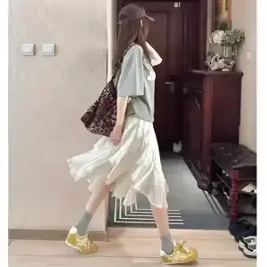 Jupe mi-longue féerique fluide à volants irréguliers en dentelle pour femme, style décontracté d'été