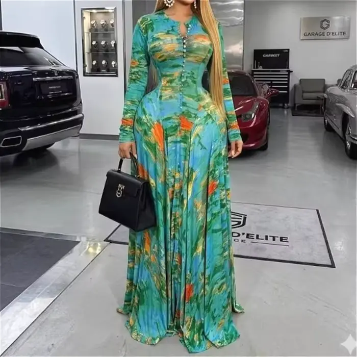 Robe longue pour femme imprimée style Y2K streetwear col en V manches longues élégante pour soirée fête travail 2026