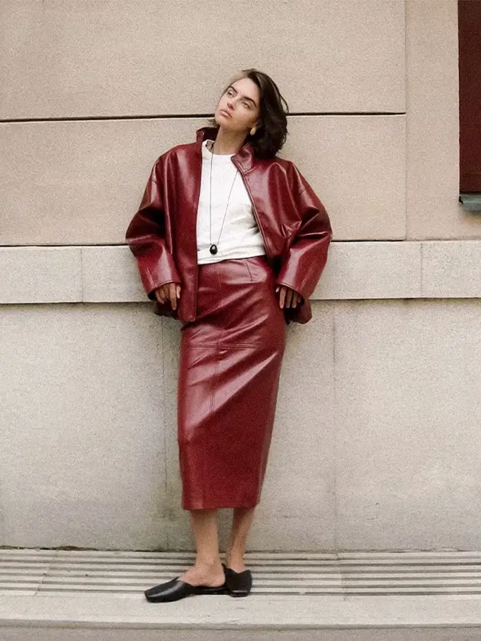 Ensemble de veste en cuir et jupe pour femmes, high street printemps et automne, polyester robuste, fermeture éclair, taille haute, mi-mollet, couleurs variées, confortable et élégant