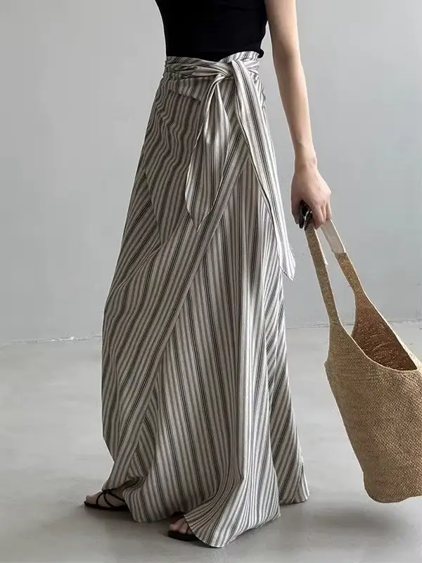 Jupe midi rayée avec ceinture élastique pour le printemps et l'automne, effet amincissant, avec bret