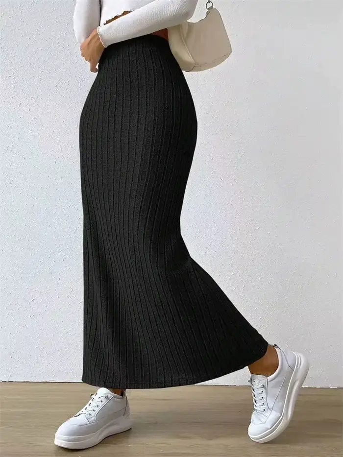 Femmes côtelé côté fendu Maxi jupe automne printemps décontracté élégant taille haute