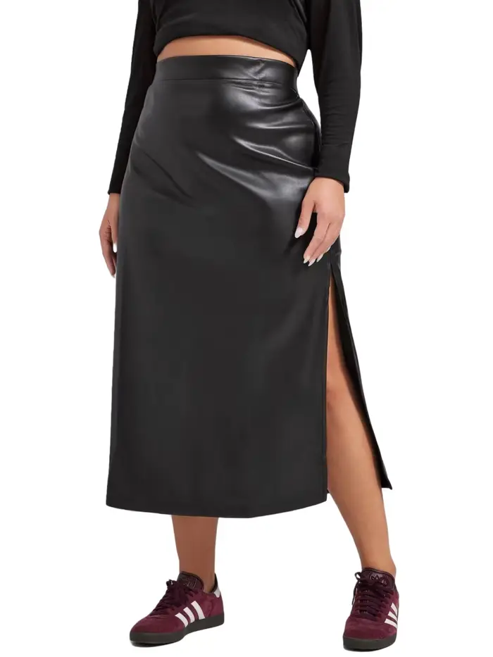 Femmes grande taille élégante jupe en simili cuir taille élastique maxi jupe en polyuréthane fente latérale automne hiver jupe droite pour le travail bureau occassions formelles