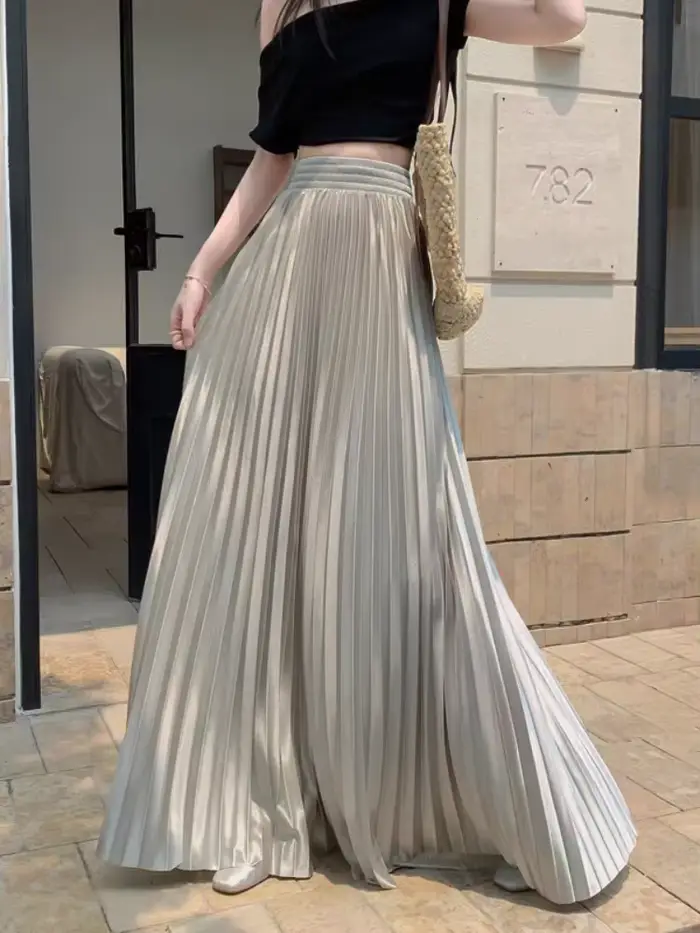 Jupe longue plissée en satin pour femmes grandes