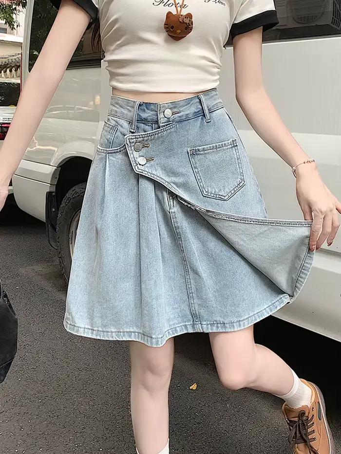 Vintage été Midi Denim jupes pour femme ample Streetwear Y2K grande taille jean jupe femmes a-ligne croisé plissé Faldas Largas