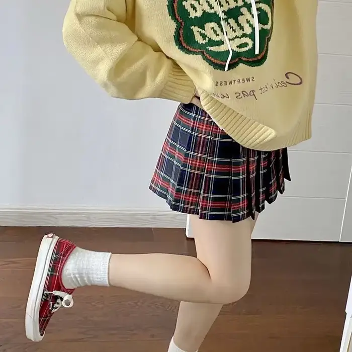 Mini jupes plissées à carreaux pour femmes, décontractées, simples, mode coréenne, Style Preppy, Vin