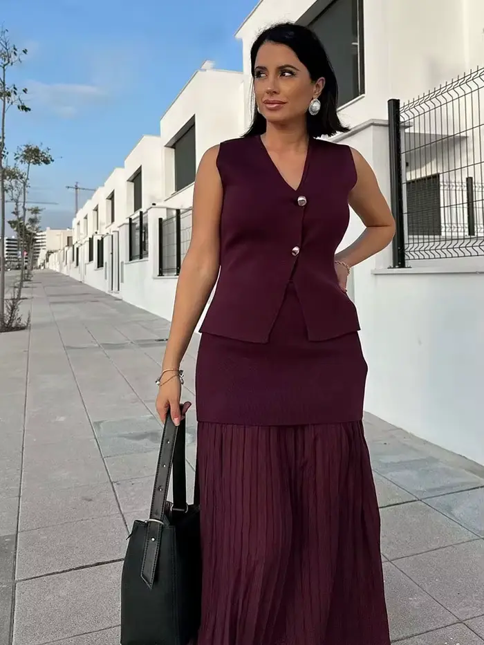 HH 2025 femmes jupe ensemble vin rouge tricoté col en v sans manches mince gilet + solide taille haute fermeture éclair