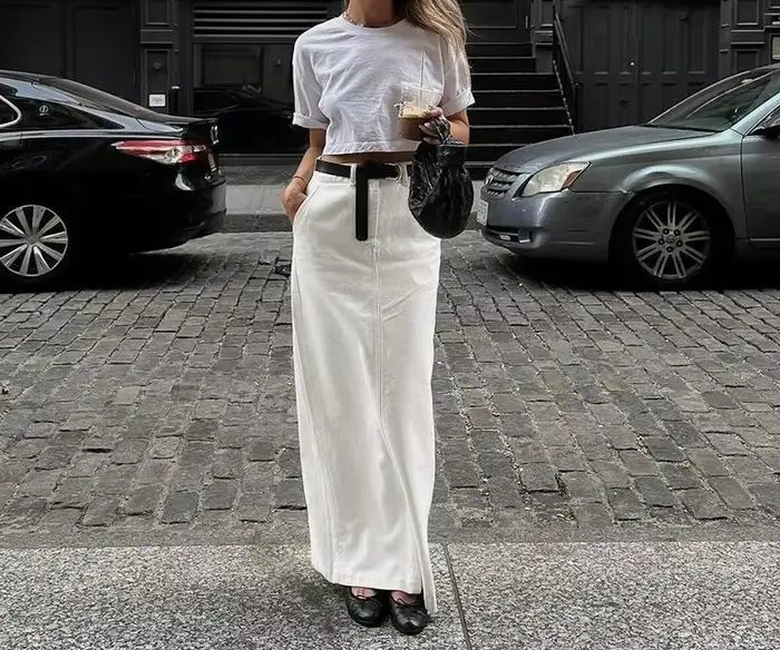 Jupe longue blanche fendue taille haute style spicy girl high street été 2025 polyvalente pour femmes ocassions spéciales