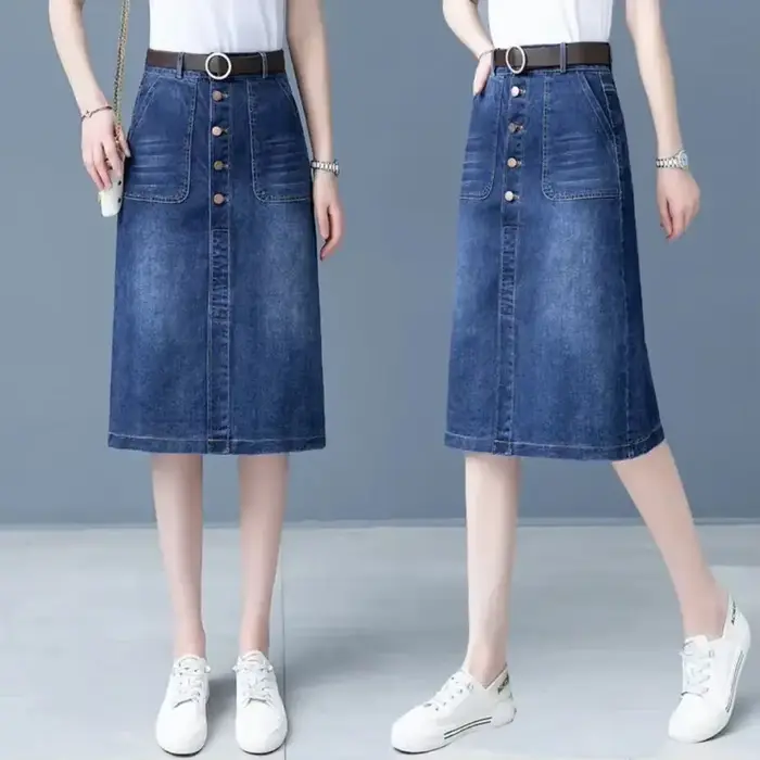 Jupes en jean pour femmes, taille haute avec fente, jupe en jean, mi-longue, rétro, Vintage, décontr