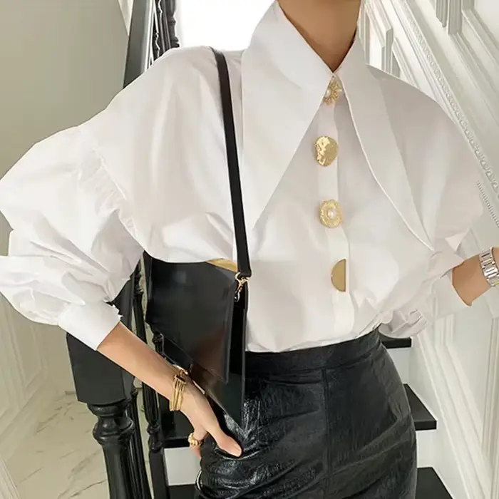 Chemise Magesuek en polyester avec col rabattu pour femmes, manches lanternes, coupe régulière, décontractée et élégante pour les occasions professionnelles et quotidiennes