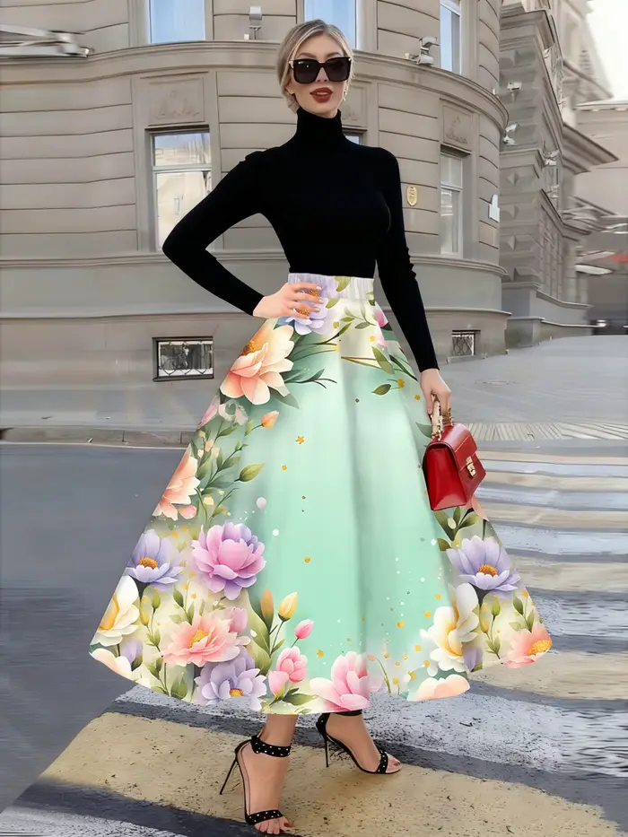 Jupe midi à imprimé floral polyester pour femmes style vacances d été silhouette en A taille haute confortable pour le bureau