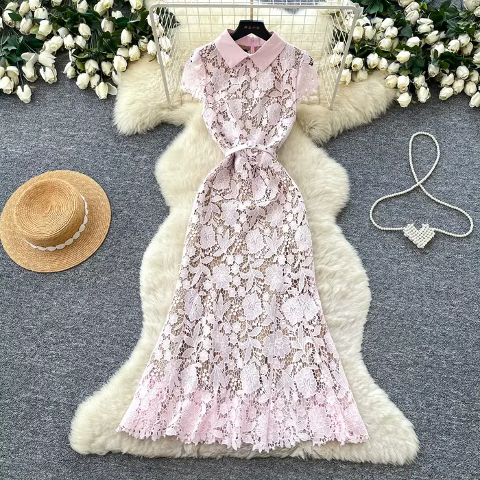 Robe longue rose pour femme avec col à revers