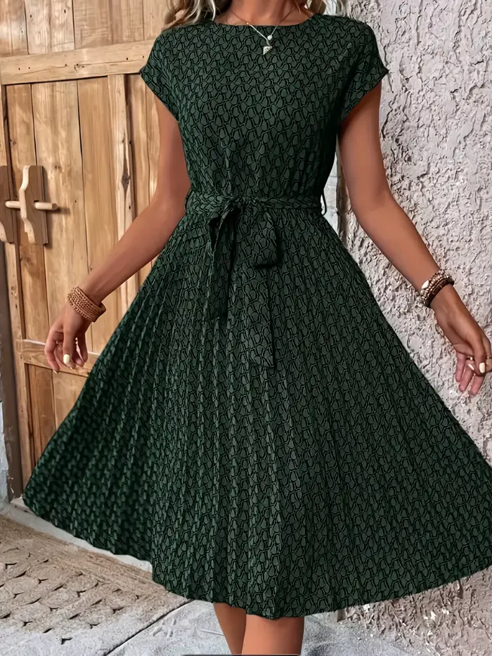 Robe mi-longue plissée vert Olive, col rond, avec ceinture à nouer, sans effort, élégante pour les f
