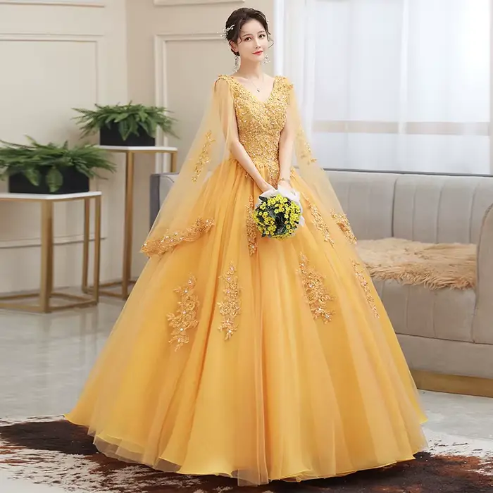 Robe longue dorée pour femme, tenue de Rh, de soirée ou de spectacle