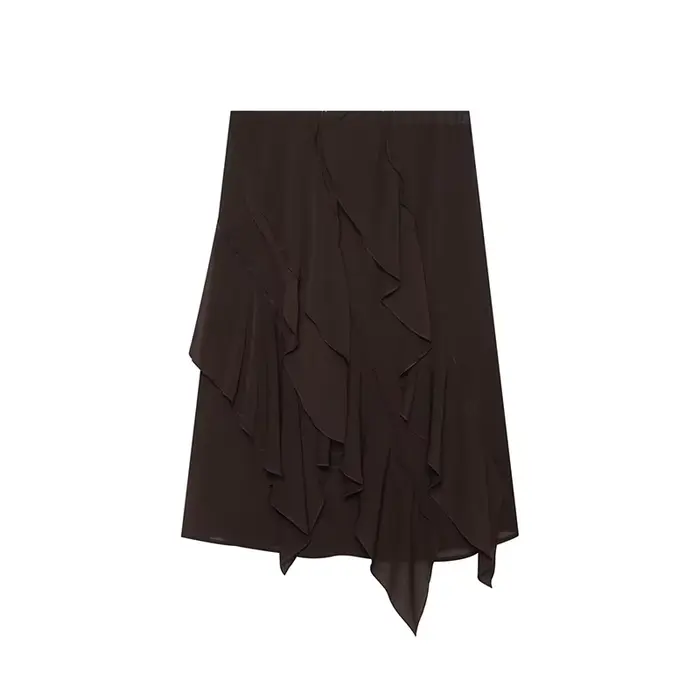 YENKYE Jupe midi asymétrique à volants marron foncé pour femme