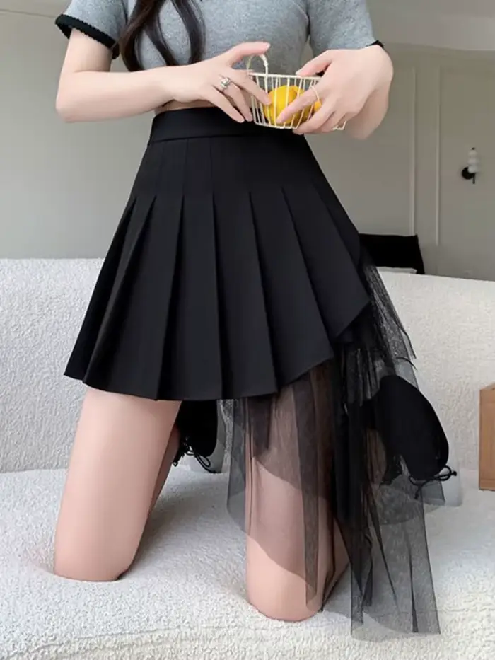 Jupe plissée en patchwork en maille taille haute pour femmes style préppy printemps été mince sexy mini jupe trapèze occassions diverses