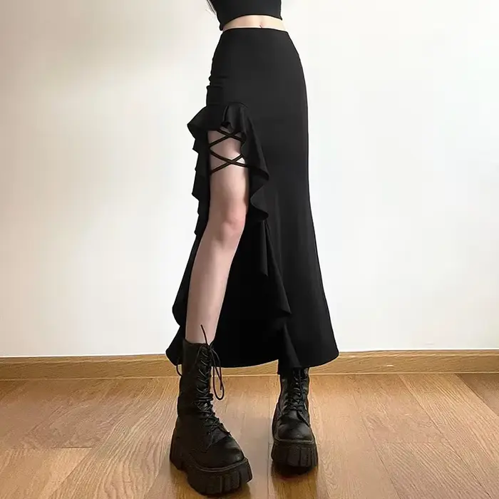 Jupe mi-longue taille haute femme style gothique fentes volants streetwear Y2K mode trapèze polyester élasthanne occassions spéciales