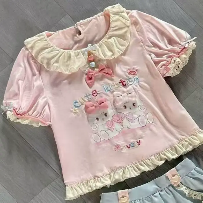 Ensemble jupe Style Lolita japonais Kawaii pour femmes, T-shirt à manches courtes imprimé chat avec 