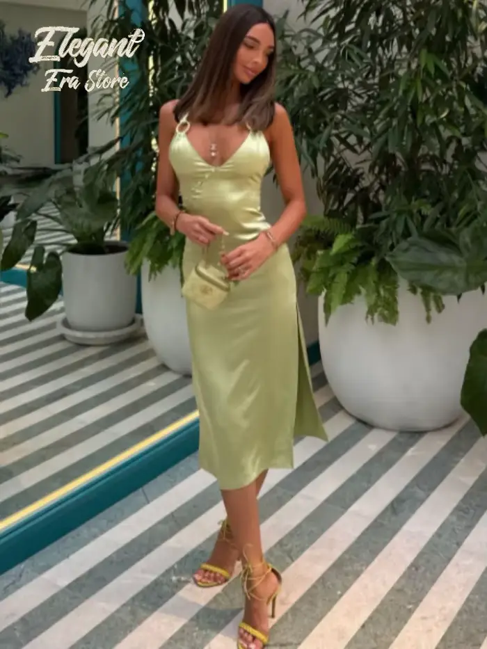 Robe Midi Femme en Satin Vert Clair
