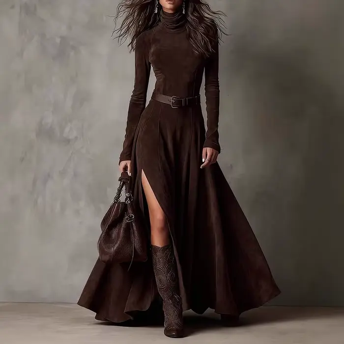 Mode femmes col roulé robe longue