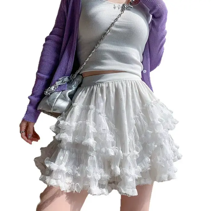 Jupe mi-longue décontractée taille haute en polyester dentelle blanche et maille style féerique collection printemps été 2026 pour femme occasions spéciales